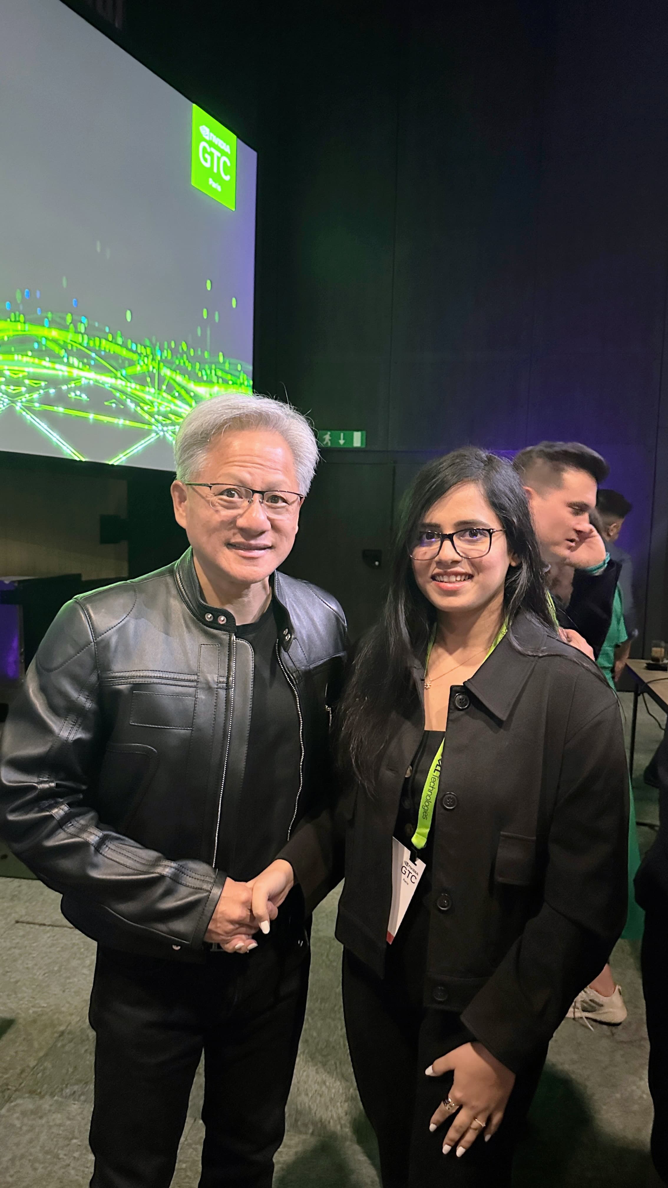 Shruti Mishra with NVIDIA CEO Jensen Huang at GTC Paris